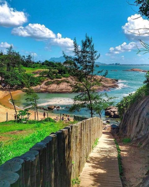 A wooden path beside a fence of logs, leading down to a small green-water beach among rocks and trees.